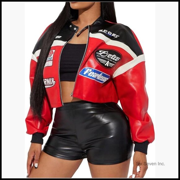 Jackets & Blazers - Motorcycle Letter Graphic Zip Up Leather Jacket Cropped Outwear